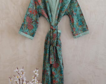 Quilted Cotton Kantha Kimono Hand Block Vintage Boho Winter Bathrobe Dressing Gown