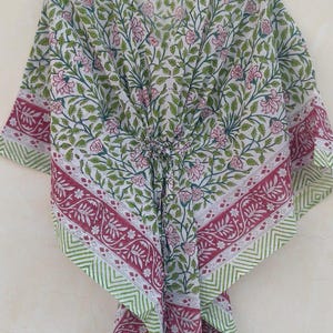 Block Printed Cotton Caftan: Boho Green Floral Dress, Beach Cover Up