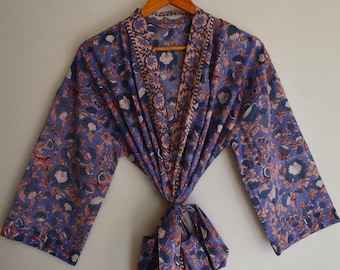 Bata de baño ligera tipo kimono con estampado floral de jardín lavanda, hecha a mano, estilo bagru indio
