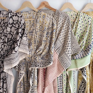 Caftán bohemio de algodón con estampado indio Bagru, ropa de playa para mujer