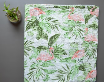 Edredón Kantha de algodón indio, cosido a mano, con flamencos bohemios y hojas de palma