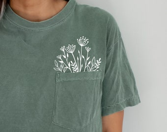 Wildflowers Pocket TShirt, Comfort Colors, Floral Shirt, Botanical Shirt, Nature Lover Shirt, Plant shirts, Graphic Tees, Ollie and Penny