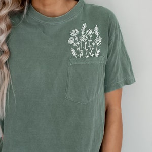 Wildflowers Pocket TShirt, Comfort Colors, Floral Shirt, Botanical Shirt, Nature Lover Shirt, Plant shirts, Graphic Tees, Ollie and Penny