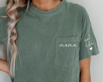 Custom Mama Shirt with Children Name on Sleeve, Comfort Colors, Pocket Mama Shirt, Mama Shirt, Ollie and Penny, Mother's Day Shirt, Blanch