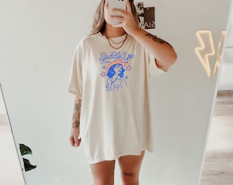 Saddle Up Tee, Vintage Graphic Tee, Cowgirl Shirt, Comfort Color Tee, Oversized Tee, Ollie and Penny, Retro Graphic, DTF
