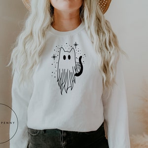 Cat Ghost Sweatshirt , Halloween Adult Sweatshirt. Cat Mom Sweatshirt for Women, Unisex Halloween Sweatshirt, Spooky Babe Sweatshirt