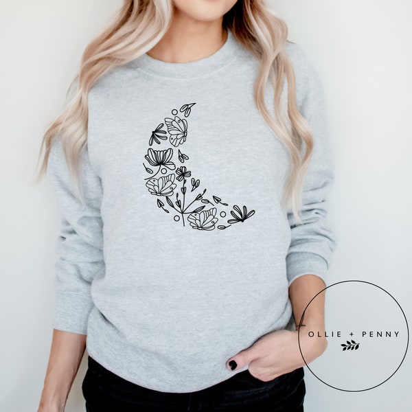 Floral Crescent Moon Sweatshirt , Flower Sweatshirt, Graphic Sweatshirt,  Sweatshirt, Wildflower Sweatshirt, Floral, Ollie and Penny