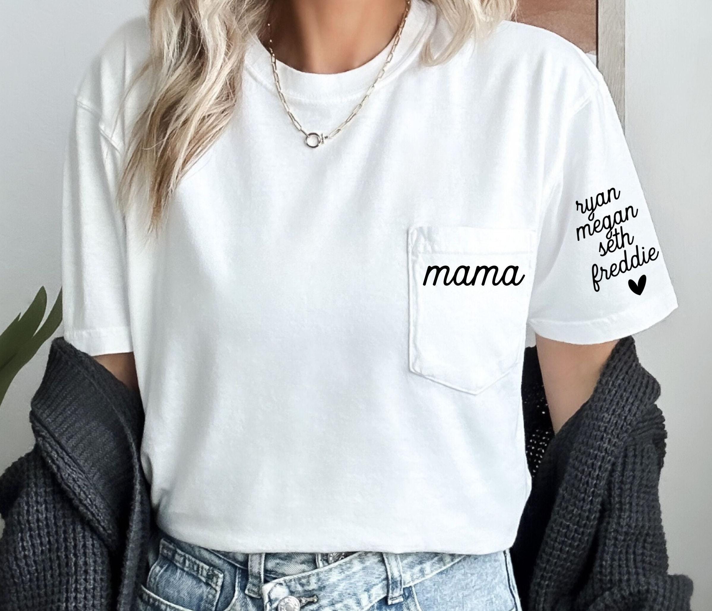 Custom Mama Shirt with Children Name on Sleeve, Comfort Colors, Pocket Mama Shirt, Mama Shirt, Ollie and Penny, Mother's Day Shirt, hert