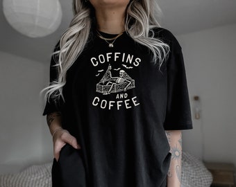 Coffins and Coffee Shirt, Coffee Shirt, Halloween Boho Shirt, Halloween shirt, Skeleton Shirt, DTF, Ollie and Penny, Comfort Colors