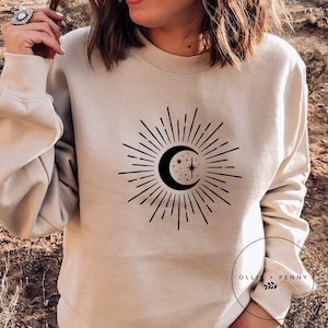 Moon Sunburst Sweatshirt ,Celestial, Stars, Lunar, Mystical,  Sweatshirt, Mystical Sweatshirt, Moon Sweatshirt , Ollie and Penny