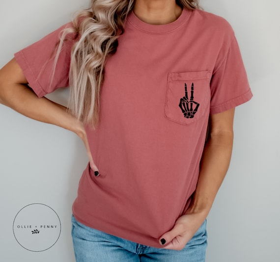 Peace Sign Skeleton Hand Pocket Shirt 
