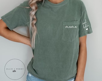 Custom Mama Shirt with Children Name on Sleeve, Comfort Colors, Pocket Mama Shirt, Mama Shirt, Ollie and Penny, Mother&#39;s Day Shirt, Blanch