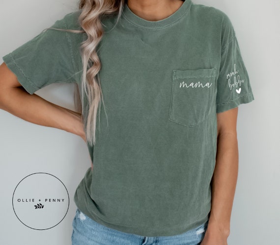 Custom Mama Shirt With Children Name on Sleeve, Comfort Colors, Pocket Mama  Shirt, Mama Shirt, Ollie and Penny, Mother\'s Day Shirt, Blanch - Etsy