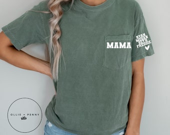 Custom Mama Shirt with Children Name on Sleeve, Comfort Colors, Pocket Mama Shirt, Mama Shirt, Ollie and Penny, Mother's Day Shirt, vars