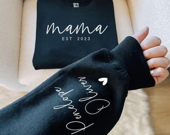 Custom Mama Sweatshirt with Date and Children Name on Sleeve, Mama Sweatshirt, Minimalist  Mama, Ollie and Penny, Gift for Mom, blanch