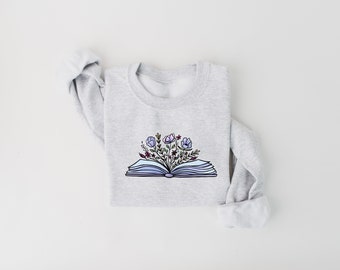 Wildflower Book Sweatshirt, Book Lover Sweatshirt, Floral Book Tee, Book Readers Gift, DTF, Ollie and Penny, Blue Book