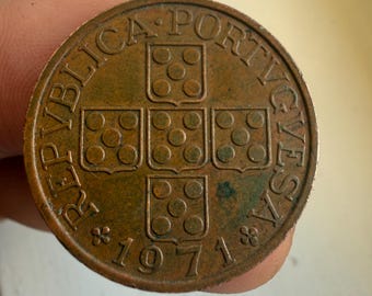 1971 Portugal 1 Escudo Moneda / REPUBLICA PORTUGUESA / Diseño de Trigo de Bronce / Moneda Europea Vintage