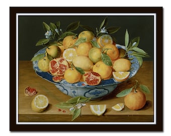 Naturaleza muerta cítrica, lámina de limón, arte chinoiserie, lámina botánica, arte botánico, arte de pared, limón, naranja, giclée, porcelana azul y blanca