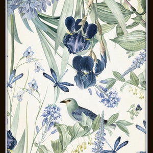 May include: A vintage botanical illustration featuring a blue bird perched on a green leaf, surrounded by blue and purple flowers, green leaves, and dragonfly silhouettes on a white background.