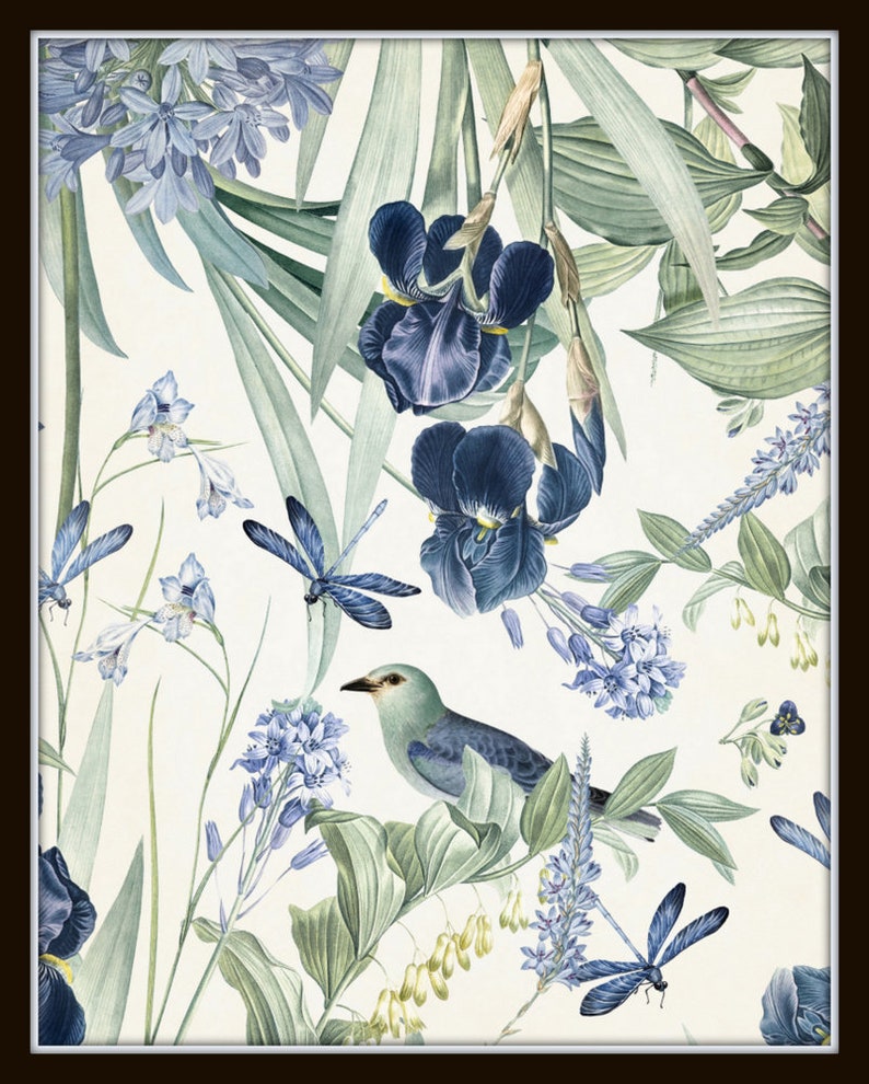 May include: A vintage botanical illustration featuring a blue bird perched on a green leaf, surrounded by blue and purple flowers, green leaves, and dragonfly silhouettes on a white background.