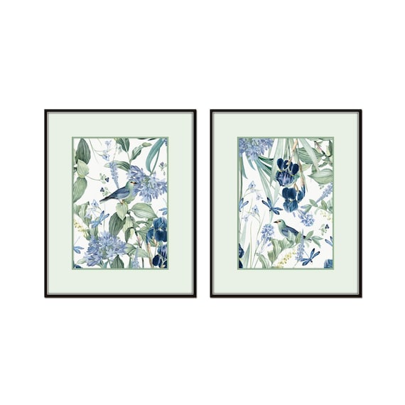 Vintage Bird and Botanical Print Set with Green Border, Grandmillennial Art, English Country Art, Giclee, Home Decor, Blue and Green Art