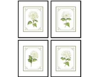 Watercolor White Hydrangea Chinoiserie Set No. 1, Flower Prints, Botanical Art, White Botanical Prints, Wall Art, Grandmillennial Art
