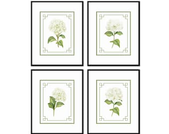 Watercolor White Hydrangea Chinoiserie Set No. 1, Flower Prints, Botanical Art, Botanical Print Set, Wall Art, Home Decor, Chinoiserie