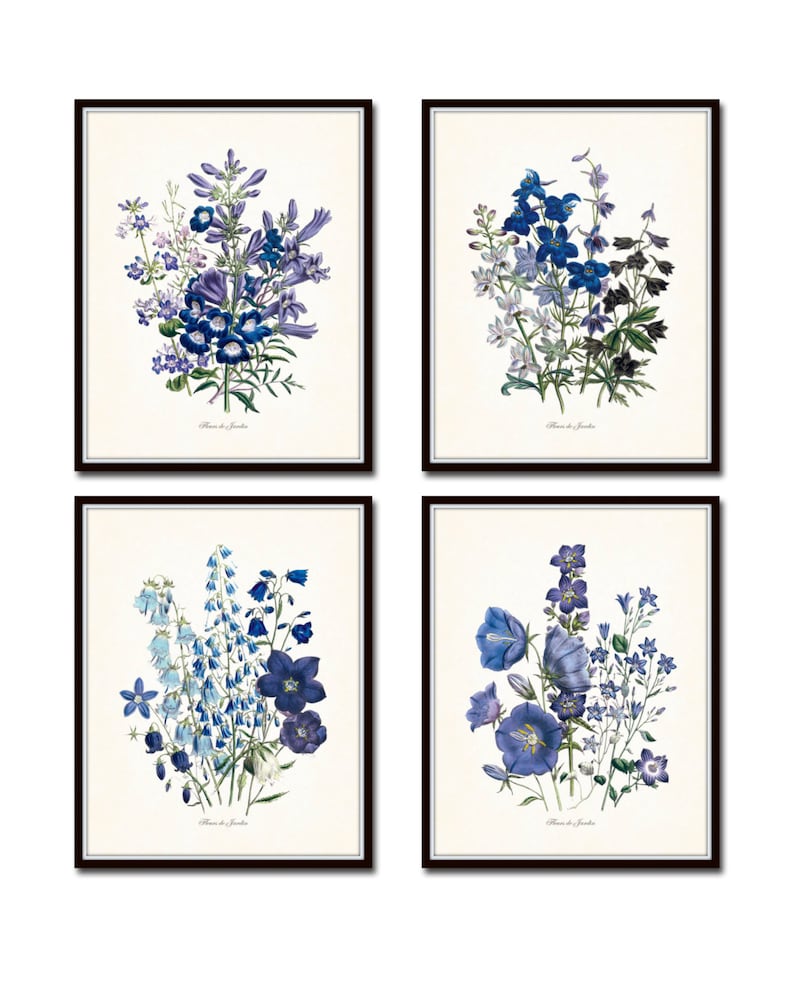 May include: Four framed botanical prints featuring blue and purple flowers. Each print has a black frame and a cream-colored background. The prints showcase detailed illustrations of various floral arrangements, with the text "Fleurs de Jardin" at the bottom.