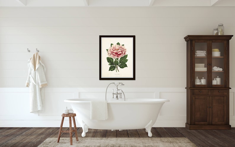 May include: A framed botanical illustration of a pink peony flower with green leaves. The illustration is in a black frame and is hanging on a white wall in a bathroom.