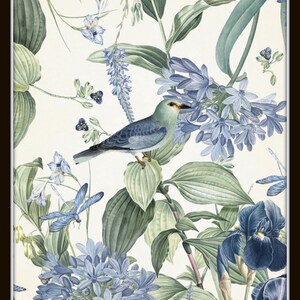 May include: A blue bird perched on a branch of blue and green flowers. The background is a white canvas with a black frame.