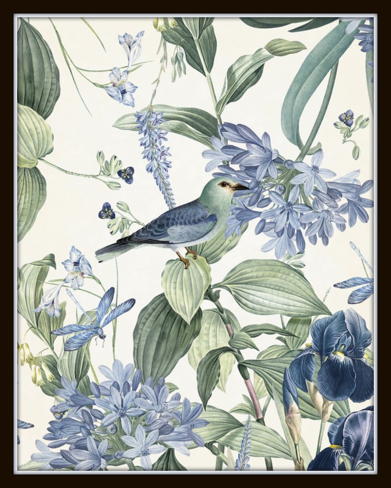 May include: A blue bird perched on a branch of blue and green flowers. The background is a white canvas with a black frame.