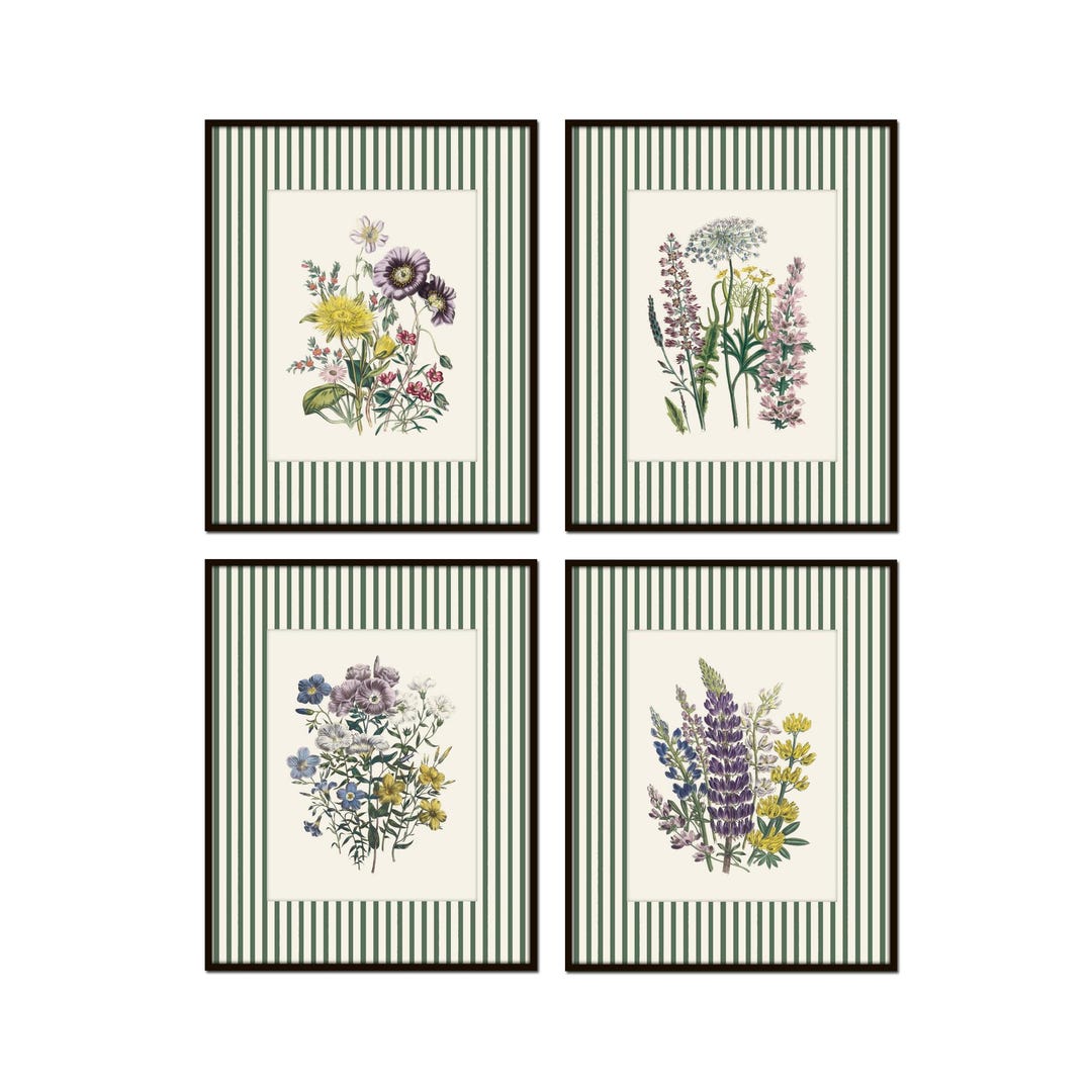Vintage Wildflowers Print Set With Green Striped Border, Vintage ...