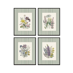 Vintage Wildflowers Print Set with Green Striped Border, Vintage Botanical Art Prints, Botanical Print Sets, Striped Floral Art, Wall Art