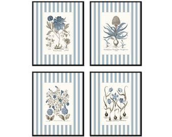 May include: Four framed botanical prints featuring detailed illustrations of various flowers in shades of blue and gray. The prints are set against a light blue and white striped background and enclosed in black frames, creating a cohesive and elegant wall art set.