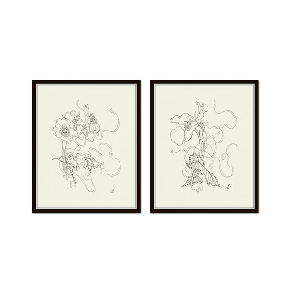 Vintage French Porcelain Sketch Prints No. 4, Botanical Sketch Print Sets, Vintage Botanical Art, Wall Art, Wall Decor, Art Nouveau Art