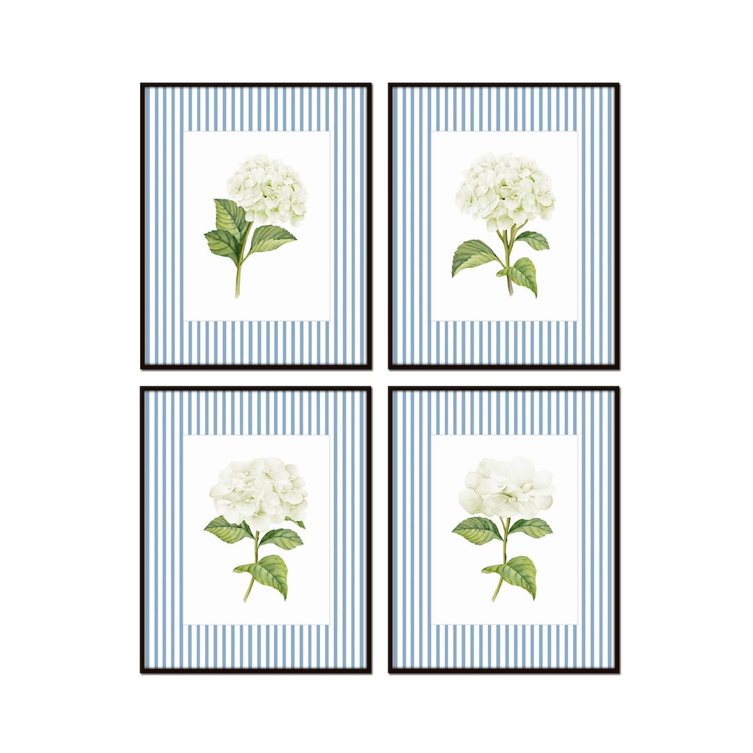 Blue Striped Watercolor White Hydrangea Print Set, Hydrangea Art Prints ...