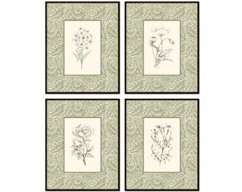 Vintage Sketch Botanical William Morris Print Set Green, Botanical Art, William Morris Art, Vintage Textile Prints, Giclee Wall Art