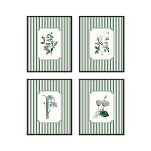 Antique French Botanical Print Set with Green Striped Border, Botanical Print Set, Striped Floral Art, Giclee, Home Decor, Wall Art