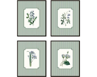 May include: Set of four framed prints with green and white striped backgrounds. Each print features a different botanical illustration of blue flowers with green leaves.