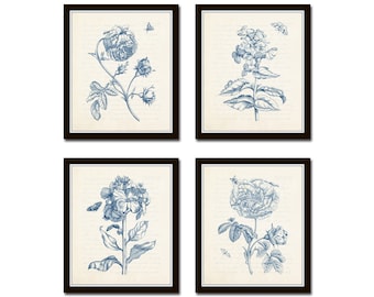 Conjunto de impresiones de collage botánico azul n.° 1, impresiones botánicas azules, impresiones botánicas giclée para pared, impresiones de flores azules, peonías y rosas.