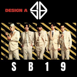 May include: A promotional image featuring five individuals in beige suits. The text "DESIGN A" is in red, and "SB19" is in white. A white geometric logo is above the group. The background has black and yellow diagonal stripes.