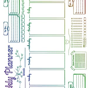 Puede incluir: Un planificador semanal con degradado de color, con secciones para cada día, notas, listas de tareas y seguimiento de hábitos. El planificador incluye el texto "Weekly Planner", "To Do...", "Notes", "Events" y "Habit Tracker".