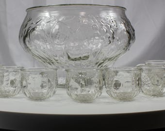 Vintage Jeannette Glass Punch Bowl Set With Fruit Pattern, 12