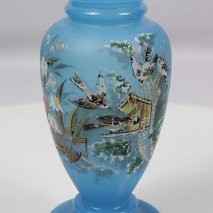Victorian-Style Bristol Blue Glass Vase – Hand-Painted – Opaque Blue Opaline Art Glass