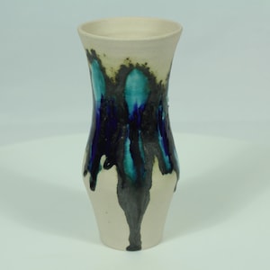 Éva Bod Hungarian Studio Pottery Vase, Drip Glaze Cobalt Turquoise Black on Cream, Mid Century 1960s 1970s, Signed