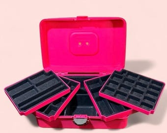 1980's Caboodles Case Lg 2420 Hot Pink 4 Fold Out Trays, Travel Jewelry Makeup