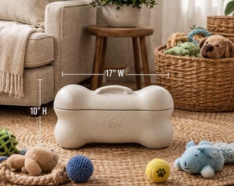 Caja de almacenamiento con tapa Y2K Retro Pet Zone para juguetes o golosinas para perros con forma de hueso, 43 cm (17"), color beige y gris.