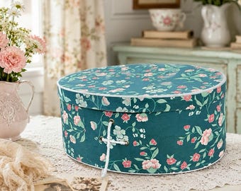 Vintage Large Oval Teal Pink Floral Hat Box 15x11 Romantic Cottagecore 1980s
