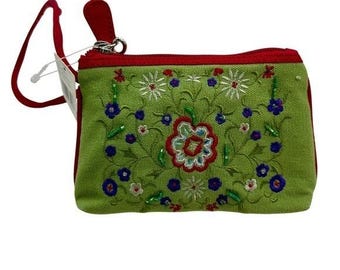 Retro Liz Claiborne Micro Wristlet, Pouch Embroidered, Beaded Whimsy Fairycore