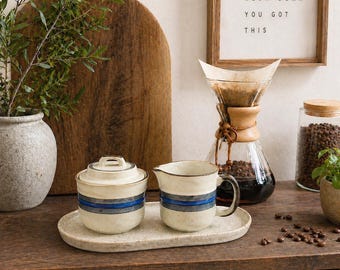 Jaren 70 Otagiri Horizon Indigo Stripe Creamer Sugar Set Steengoed Koffiebar